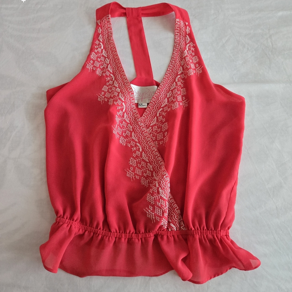 Rory Beca Forever 21 Hot Pink Halter Top White Embroidered Peplum